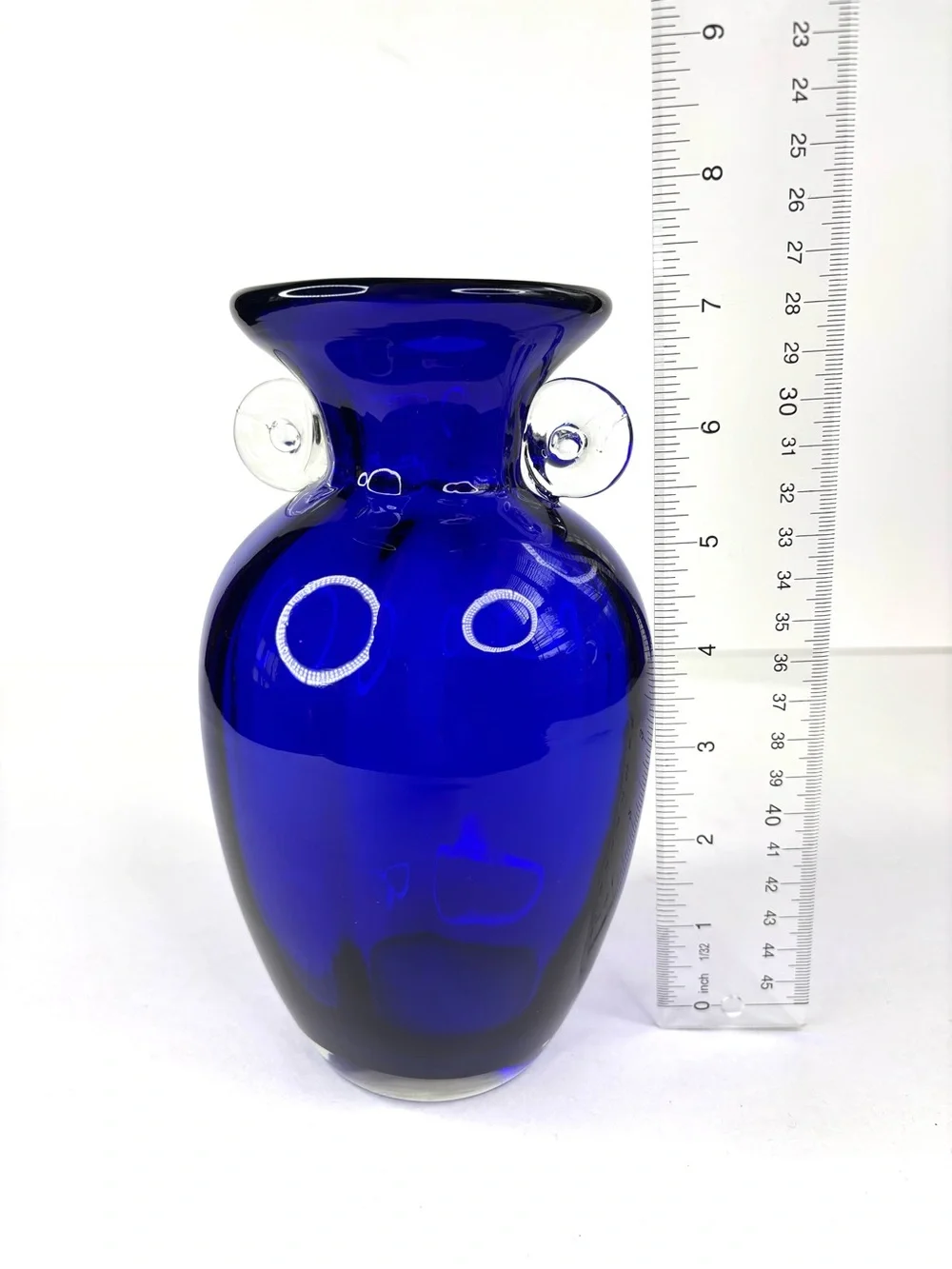Vintage Cobalt Blue Art Glass Blenko Vase Clear Scroll Handles - Picture 2 of 10